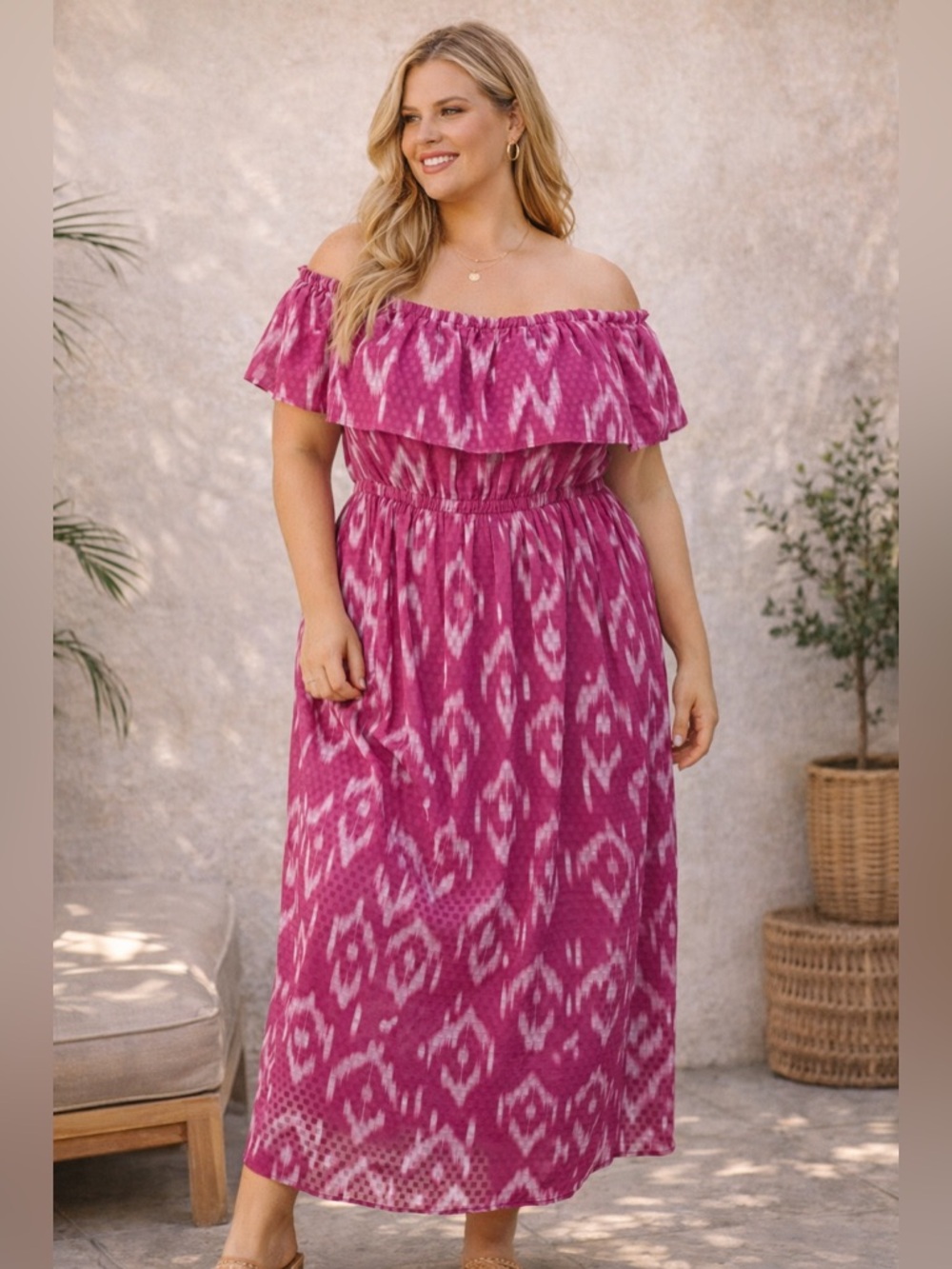 Lane Bryant 18/20 Pink Ikat‎ Off Shoulder Maxi Dress Ruffle Boho Plus pockets